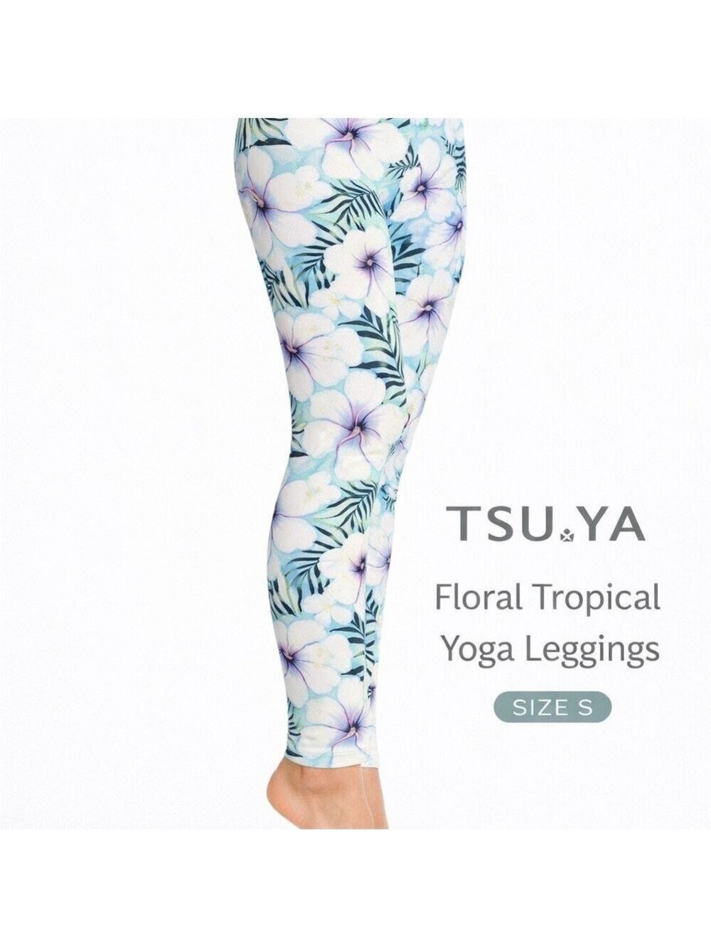 TSU.YA Yoga Leggings Floral Hibiscus Blue Tropical Print Size Small